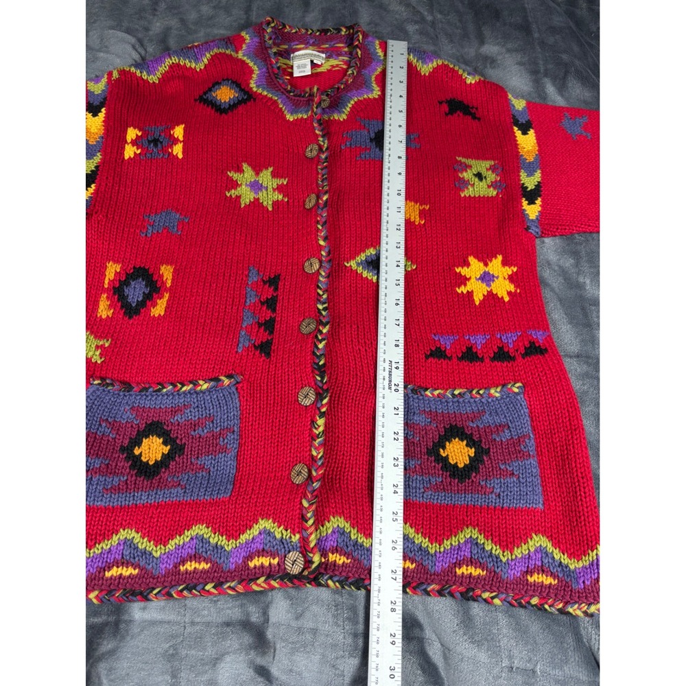 Coldwater Creek Red Southwestern Geometric Knit Cardigan Braided Trim Large - Picture 6 of 9